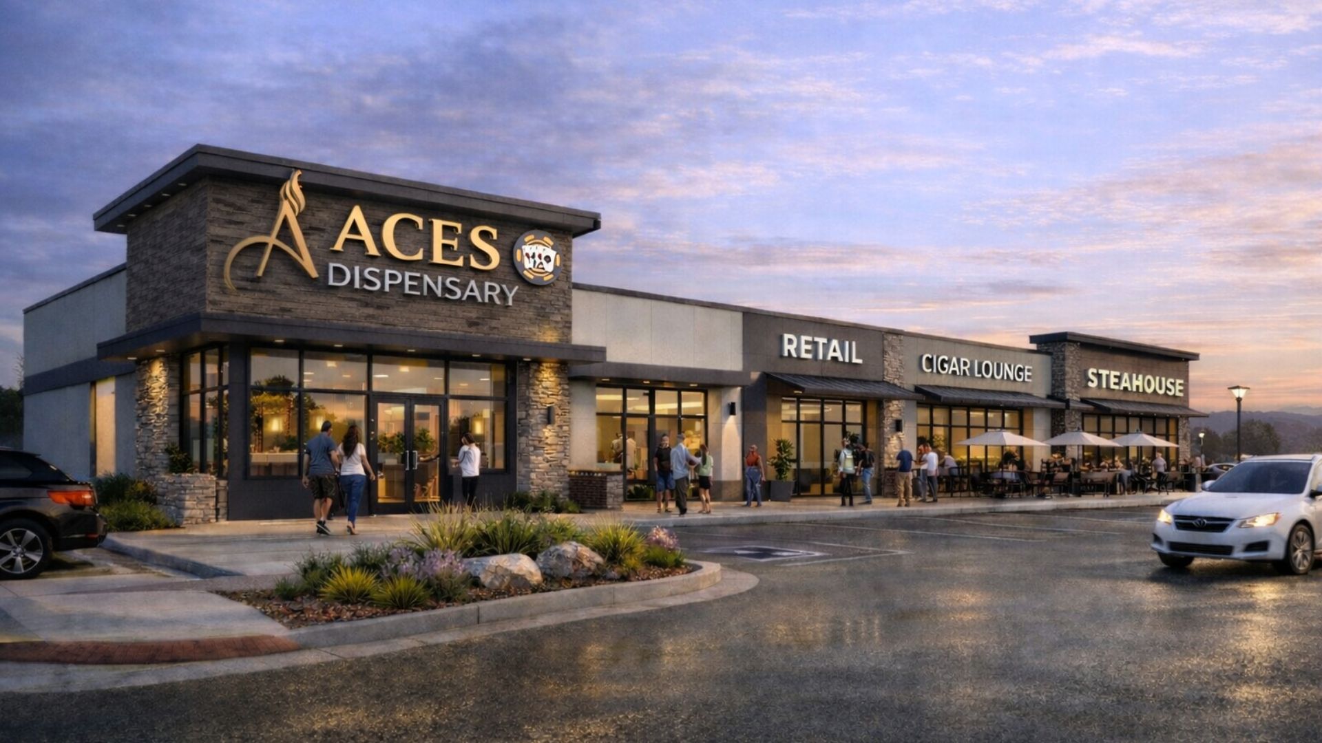 Aces District retail rendering at dusk